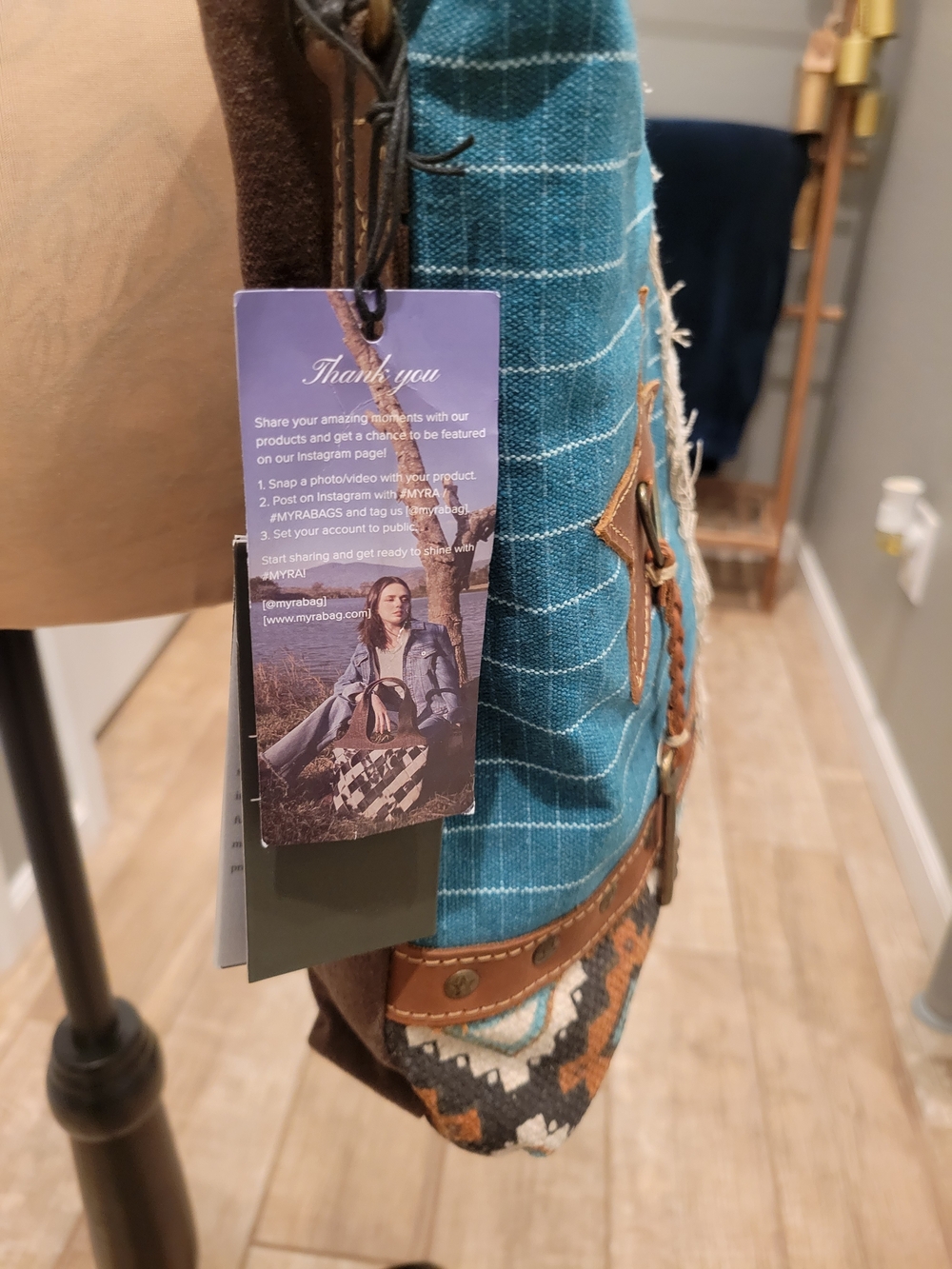 Myra Bag Blue and Brown Patchwork Crossbody Bag - Picture 6 of 7